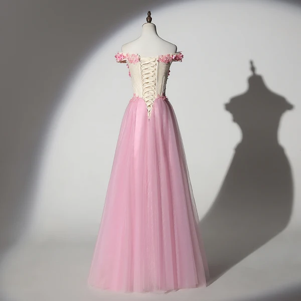 Chic / Belle Rose Bonbon Robe De Bal 2019 Princesse De l'épaule Perlage Perle En Dentelle Fleur Appliques Manches Courtes Dos Nu Longue Robe De Ceremonie