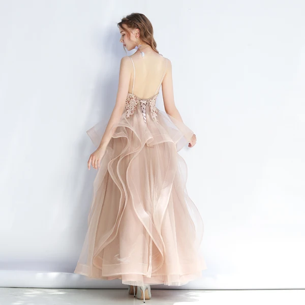 Chic / Belle Kaki Robe De Soirée 2019 Princesse Bretelles Spaghetti En Dentelle Fleur Sans Manches Dos Nu Volants en Cascade Longue Robe De Ceremonie