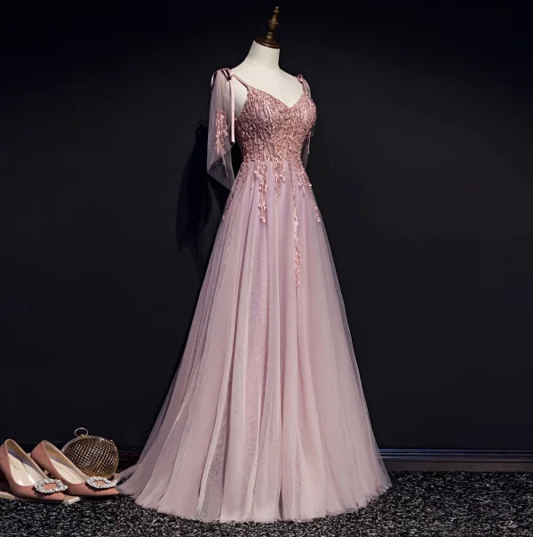 Charmant Rougissant Rose Robe De Soirée 2019 Princesse Bretelles Spaghetti Noeud Perlage En Dentelle Fleur Sans Manches Dos Nu Longue Robe De Ceremonie