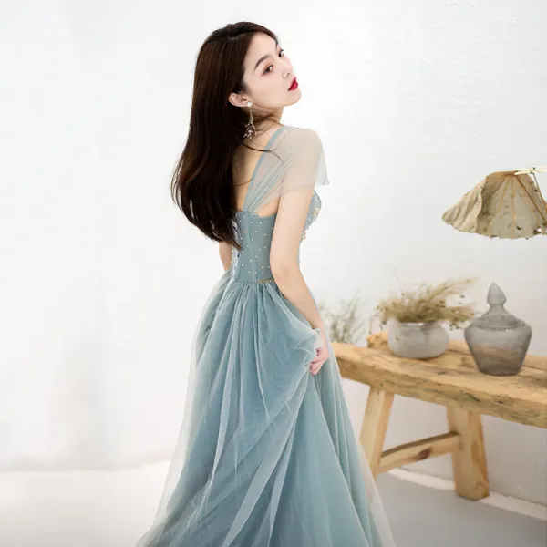 Charming Sage Green Evening Dresses 2019 A-Line / Princess Off-The-Shoulder Beading Crystal Rhinestone Sash Sleeveless Backless Floor-Length / Long Formal Dresses
