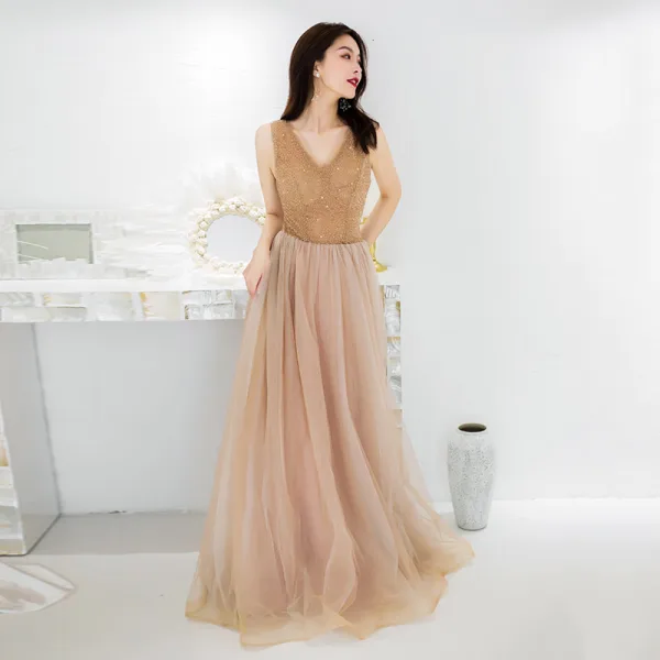 Charming Gold Evening Dresses  2019 A-Line / Princess V-Neck Beading Sequins Lace Flower Sleeveless Backless Floor-Length / Long Formal Dresses
