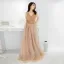 Charming Gold Evening Dresses  2019 A-Line / Princess V-Neck Beading Sequins Lace Flower Sleeveless Backless Floor-Length / Long Formal Dresses