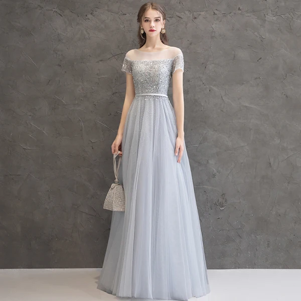 Sparkly Grey Evening Dresses 2019 A-Line / Princess Scoop Neck Beading Sequins Sash Short Sleeve Floor-Length / Long Formal Dresses