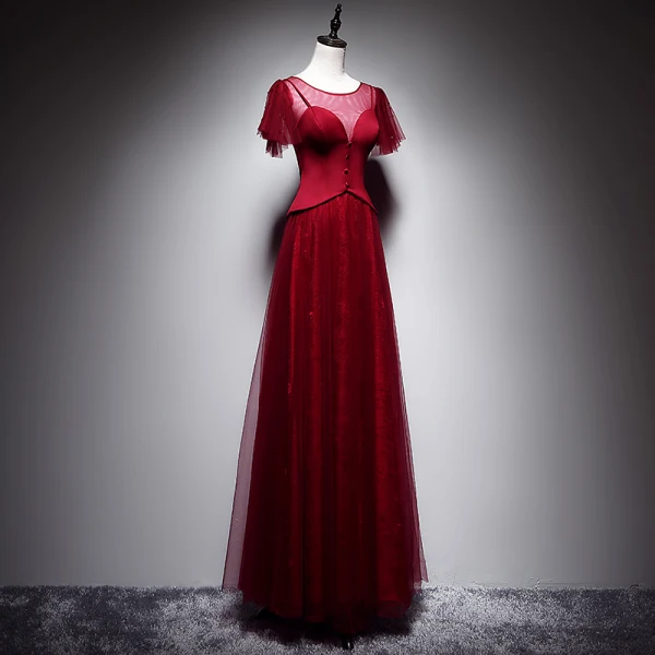 Chic / Belle Bordeaux Robe De Soirée 2019 Princesse Encolure Dégagée Manches Courtes Dos Nu Longue Robe De Ceremonie