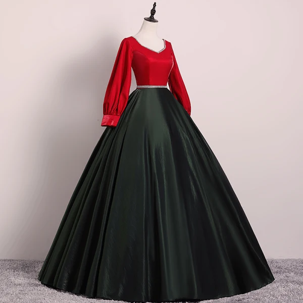 Vintage / Retro Black Red Prom Dresses 2019 Ball Gown V-Neck Rhinestone Sash Long Sleeve Floor-Length / Long Formal Dresses