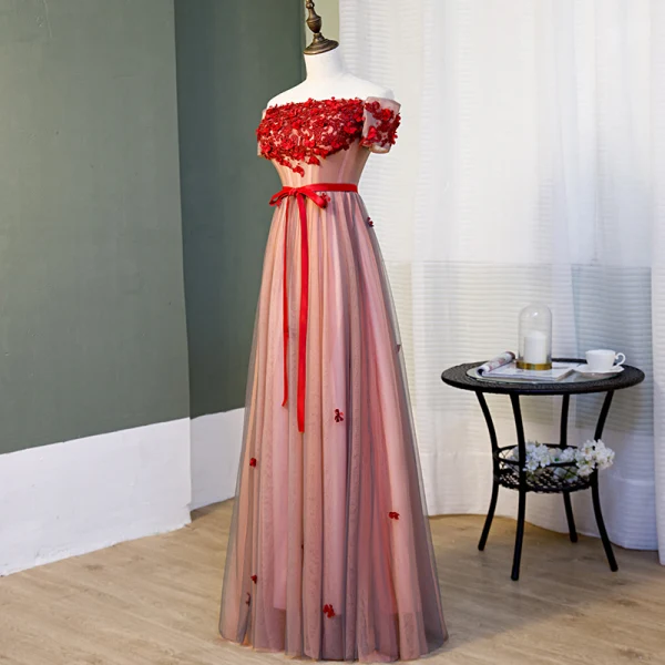 Charmant Rougissant Rose Robe De Soirée 2019 Princesse De l'épaule Cristal En Dentelle Fleur Appliques Manches Courtes Dos Nu Noeud Longue Robe De Ceremonie