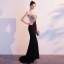 Charmant Noire Robe De Soirée 2019 Trompette / Sirène Encolure Dégagée Perlage Faux Diamant Paillettes Sans Manches Dos Nu Train De Balayage Robe De Ceremonie