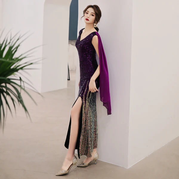 Charmant Violet Dégradé De Couleur Robe De Ceremonie 2019 Trompette / Sirène V-Cou Paillettes Sans Manches Dos Nu Longueur Cheville Robe De Soirée