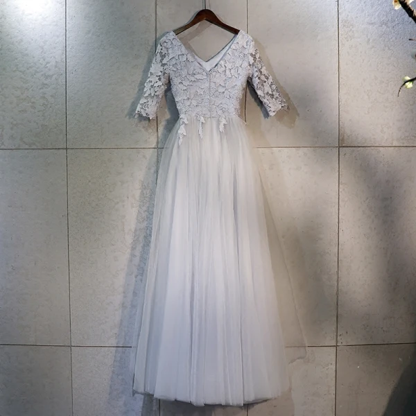 Chic / Beautiful Grey Prom Dresses 2018 A-Line / Princess Lace Appliques V-Neck Backless 1/2 Sleeves Ankle Length Formal Dresses