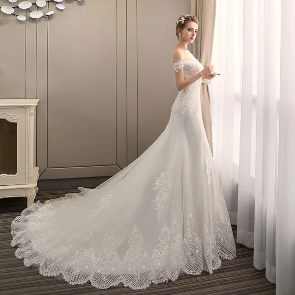 Classy Ivory Wedding Dresses 2019 Backless Trumpet / Mermaid Off-The-Shoulder Beading Pearl Lace Flower Sleeveless Court Train