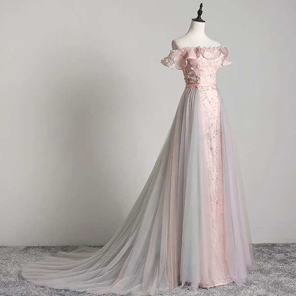 Charmant Rougissant Rose Robe De Soirée 2019 Princesse De l'épaule Appliques En Dentelle Fleur Ceinture Manches Courtes Dos Nu Tribunal Train Robe De Ceremonie