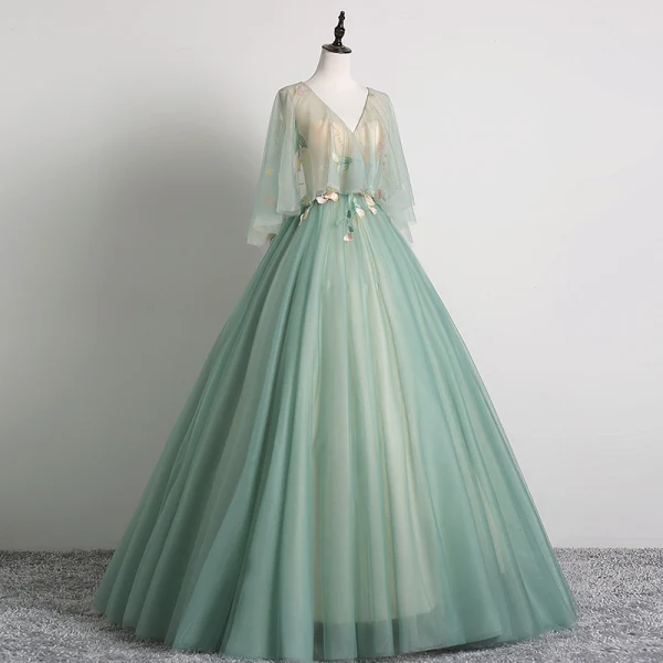 Elegant Sage Green Prom Dresses 2019 Ball Gown V-Neck Lace Flower 1/2 Sleeves Backless Floor-Length / Long Formal Dresses