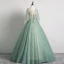 Elegant Sage Green Prom Dresses 2019 Ball Gown V-Neck Lace Flower 1/2 Sleeves Backless Floor-Length / Long Formal Dresses