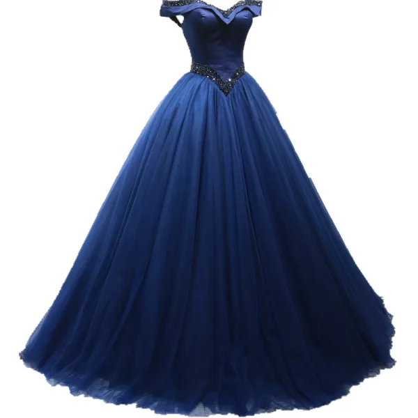 Vintage / Retro Navy Blue Prom Dresses 2019 Ball Gown Off-The-Shoulder Beading Crystal Sleeveless Backless Floor-Length / Long Formal Dresses