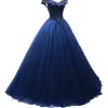 Vintage / Retro Navy Blue Prom Dresses 2019 Ball Gown Off-The-Shoulder Beading Crystal Sleeveless Backless Floor-Length / Long Formal Dresses