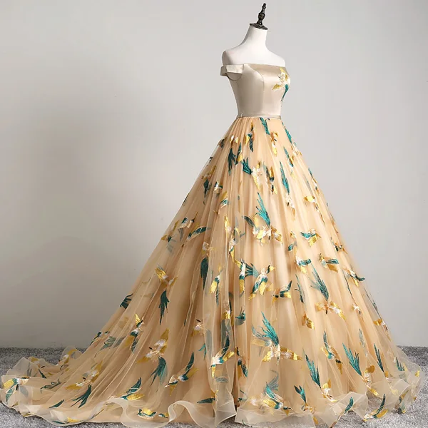 Classic Champagne Prom Dresses 2019 A-Line / Princess Off-The-Shoulder Embroidered Sleeveless Backless Court Train Formal Dresses