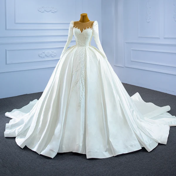 High-end Elegant Ivory Pearl Satin Wedding Dresses 2021 Ball Gown Beading Scoop Neck Long Sleeve Cathedral Train Wedding