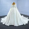 High-end Elegant Ivory Pearl Satin Wedding Dresses 2021 Ball Gown Beading Scoop Neck Long Sleeve Cathedral Train Wedding