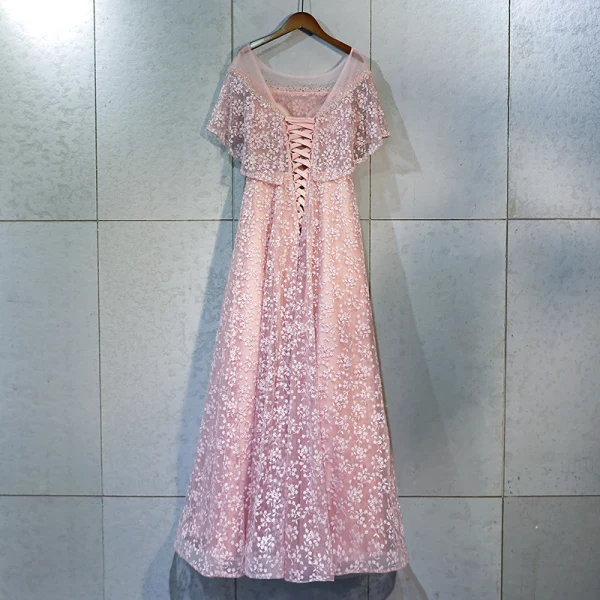 Chic / Belle Rougissant Rose Robe De Bal 2018 Princesse En Dentelle Fleur Cristal Faux Diamant Encolure Dégagée Dos Nu Manches Courtes Longueur Cheville Robe De Ceremonie
