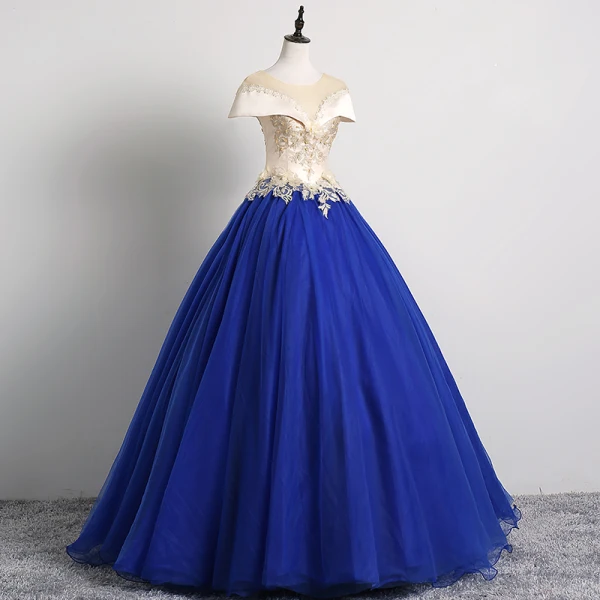 Vintage / Originale Bleu Roi Robe De Bal 2019 Robe Boule Encolure Dégagée Perle En Dentelle Fleur Appliques Mancherons Dos Nu Longue Robe De Ceremonie