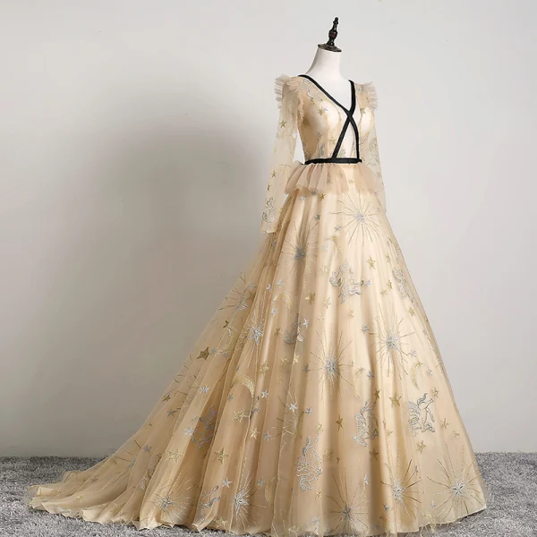 Élégant Beige Robe De Bal 2019 Princesse V-Cou En Dentelle Étoile Manches Longues Dos Nu Train De Balayage Robe De Ceremonie