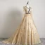 Élégant Beige Robe De Bal 2019 Princesse V-Cou En Dentelle Étoile Manches Longues Dos Nu Train De Balayage Robe De Ceremonie