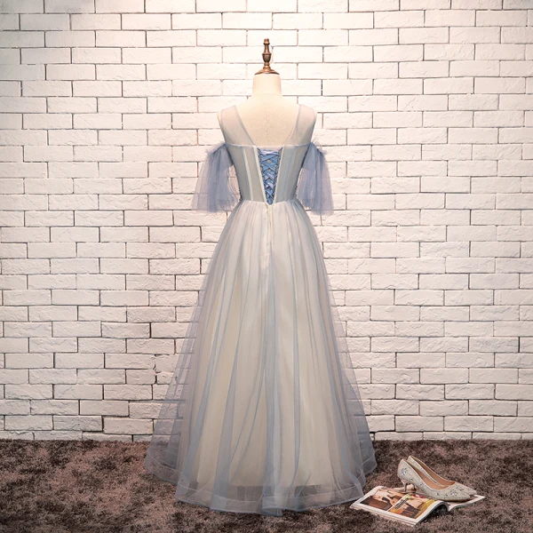Élégant Bleu Ciel Robe De Soirée 2019 Princesse Encolure Dégagée Perlage En Dentelle Fleur Manches Courtes Dos Nu Longue Robe De Ceremonie