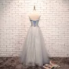 Charming Sky Blue Evening Dresses  2019 A-Line / Princess Sweetheart Bow Pearl Lace Flower Sleeveless Backless Floor-Length / Long Formal Dresses