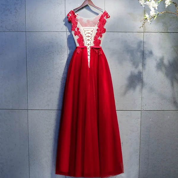 Chic / Belle Bordeaux Robe De Bal 2018 Princesse En Dentelle Appliques Cristal Faux Diamant Paillettes Noeud Encolure Dégagée Dos Nu Sans Manches Longueur Cheville Robe De Ceremonie