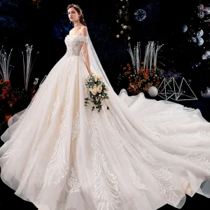Charming Champagne Wedding Dresses 2019 A Line Princess Off The Shoulder Beading Tassel Pearl Lace Flower Appliques Short Sleeve Backless Royal Train
