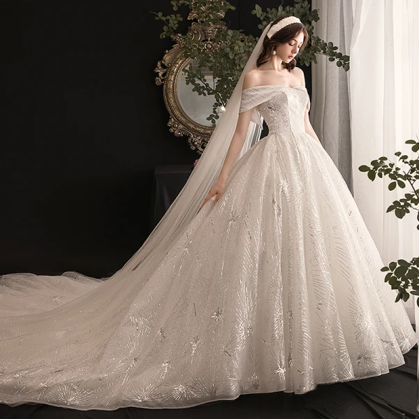 Classy Ivory Wedding Dresses 2019 Ball Gown Off-The-Shoulder Sequins Short Sleeve Backless Royal Train