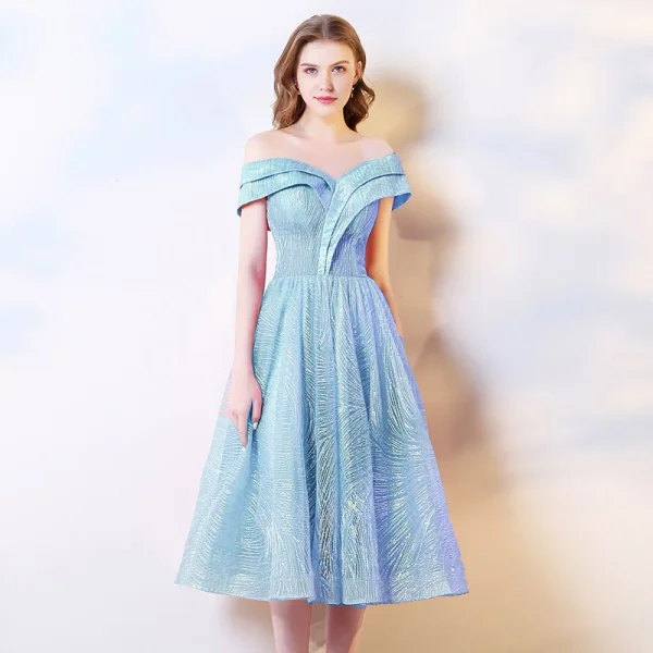 Chic / Belle Rose Bonbon de retour Robe De Graduation 2019 Princesse De l'épaule Paillettes Manches Courtes Dos Nu Thé Longueur Robe De Ceremonie