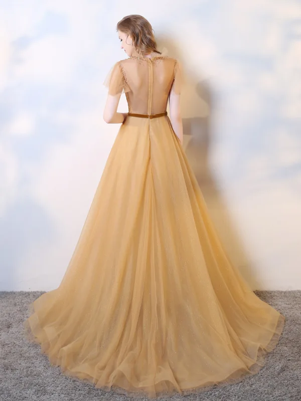 Chic / Beautiful Gold Evening Dresses 2019 A-Line / Princess Suede Scoop Neck Beading Sequins Short Sleeve Floor-Length / Long Formal Dresses
