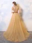 Chic / Beautiful Gold Evening Dresses  2019 A-Line / Princess Suede Scoop Neck Beading Sequins Short Sleeve Floor-Length / Long Formal Dresses