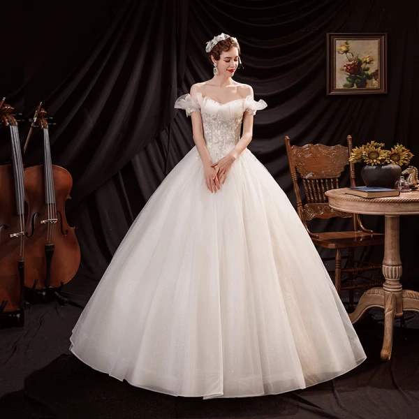 Affordable Ivory Wedding Dresses 2021 Ball Gown Off-The-Shoulder Beading Sequins Sleeveless Backless Floor-Length / Long Wedding