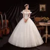 Affordable Ivory Wedding Dresses 2021 Ball Gown Off-The-Shoulder Beading Sequins Sleeveless Backless Floor-Length / Long Wedding