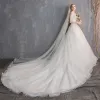 Affordable Ivory Wedding Dresses 2018 Ball Gown Lace Flower Sequins Pearl Off-The-Shoulder Backless Sleeveless Cathedral Train Wedding