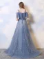 Charmant Océan Bleu Robe De Soirée 2019 Princesse Encolure Dégagée Perlage Cristal Paillettes Manches Courtes Dos Nu Train De Balayage Robe De Ceremonie