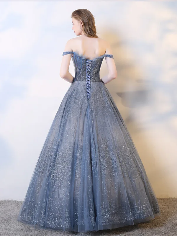Charmant Meeresblau Abendkleider 2019 A Linie Off Shoulder Perlenstickerei Pailletten Ärmellos Rückenfreies Lange Festliche Kleider