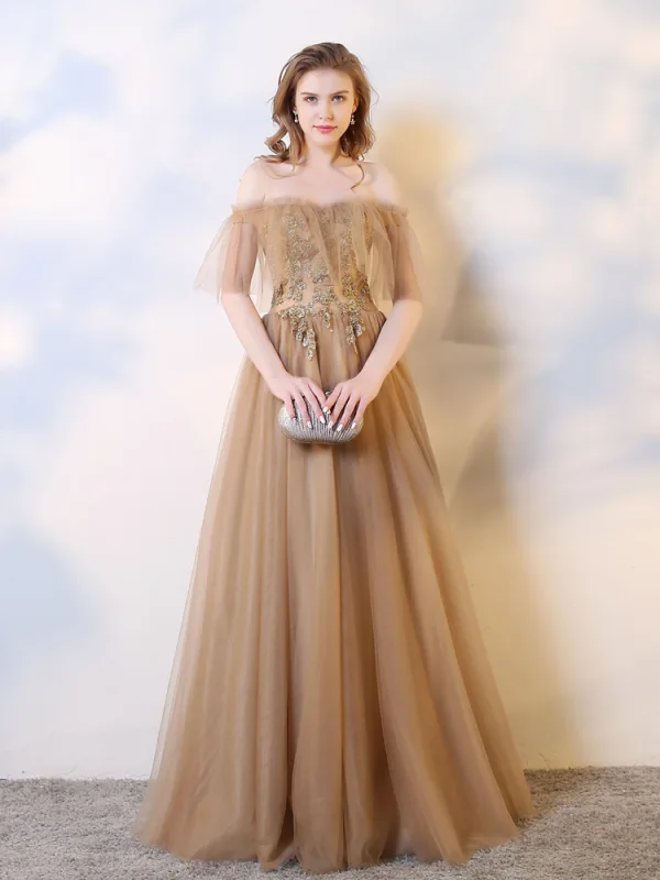 Chic / Beautiful Champagne Evening Dresses 2019 A-Line / Princess Sleeveless Beading Sequins Pearl Crystal Off-The-Shoulder Backless Floor-Length / Long Formal Dresses