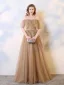 Chic / Beautiful Champagne Evening Dresses  2019 A-Line / Princess Sleeveless Beading Sequins Pearl Crystal Off-The-Shoulder Backless Floor-Length / Long Formal Dresses
