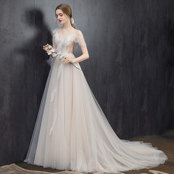 Chic / Beautiful Light Champagne Wedding Dresses 2019 A-Line / Princess V-Neck Lace Flower Short Sleeve Backless Court Train