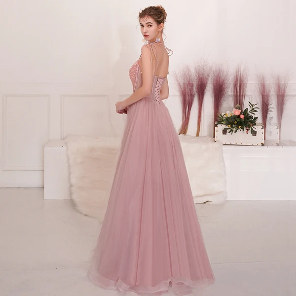Chic / Belle Rougissant Rose Robe De Soirée 2019 Princesse Bretelles Spaghetti Noeud Perlage Paillettes Sans Manches Dos Nu Longue Robe De Ceremonie