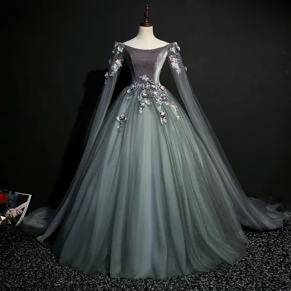 Élégant Gris Robe De Bal 2019 Princesse Encolure Dégagée Paillettes En Dentelle Fleur Manches Longues Dos Nu Longue Robe De Ceremonie