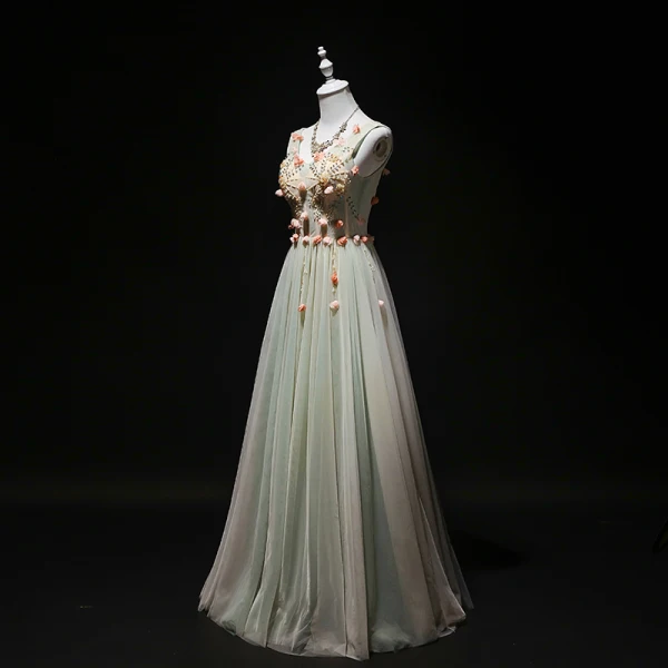 Elegant Sage Green Evening Dresses 2019 A-Line / Princess V-Neck Beading Pearl Appliques Sleeveless Backless Floor-Length / Long Formal Dresses