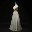 Elegant Sage Green Evening Dresses  2019 A-Line / Princess V-Neck Beading Pearl Appliques Sleeveless Backless Floor-Length / Long Formal Dresses