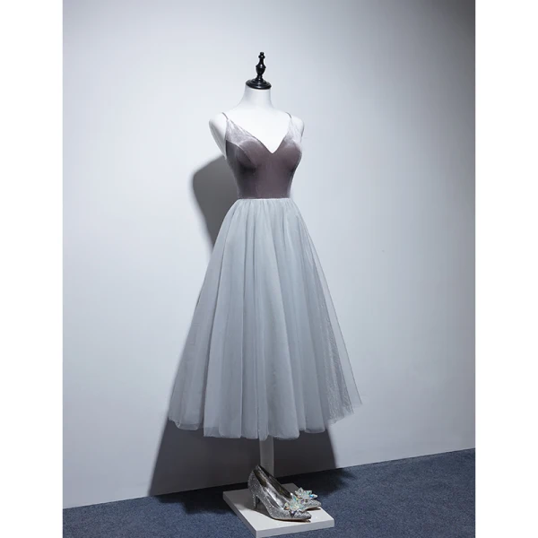 Sexy Grey Evening Dresses 2019 A-Line / Princess Spaghetti Straps Suede Sleeveless Backless Tea-length Formal Dresses