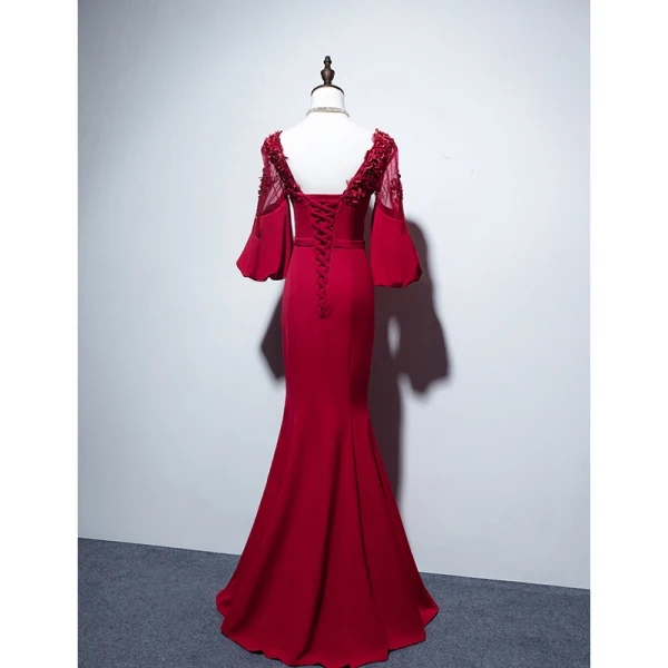 Chic / Beautiful Burgundy Evening Dresses 2019 Trumpet / Mermaid Scoop Neck Beading Sequins Lace Flower Appliques 3/4 Sleeve Backless Floor-Length / Long Formal Dresses