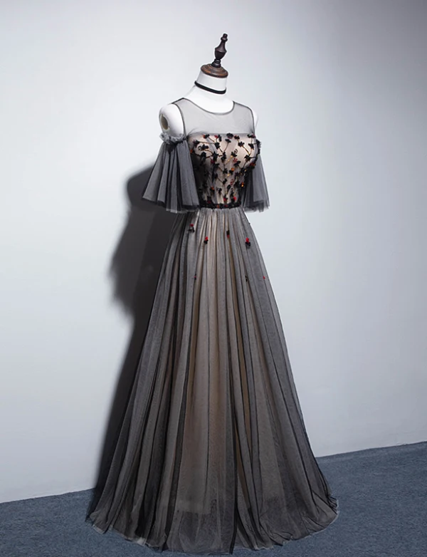 Eleganta Svarta Aftonklänningar 2019 Prinsessa Urringning Beading Kristall Appliqués Korta ärm Halterneck Långa Formella Klänningar