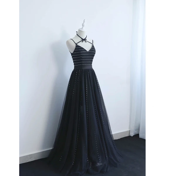 Chic Noire Robe De Soirée 2019 Princesse Titulaire Faux Diamant Sans Manches Dos Nu Longue Robe De Ceremonie